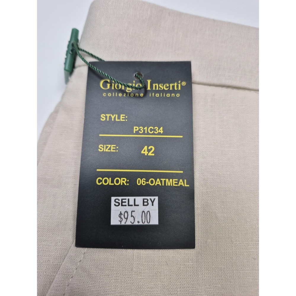 Giorgio Inserti Dress Pants Mens 42x34 Beige Oatmeal Linen Pleated Straight NWT - Picture 4 of 14